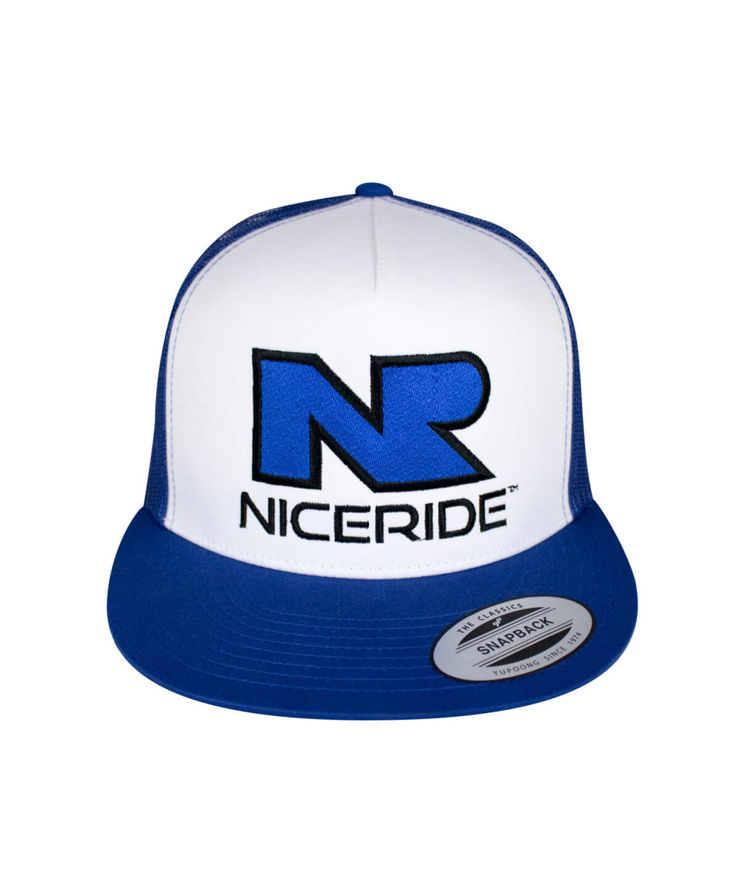 NICERIDE The Rock trucker hat in blue and white with large embroidered logo on front panel and snapback design.