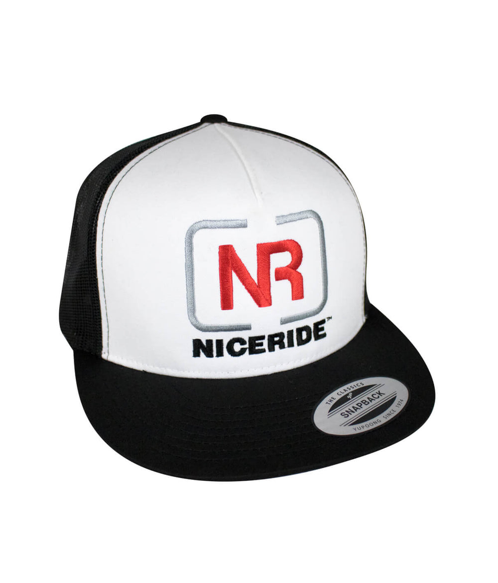 NICERIDE's The Brick trucker hat featuring embroidered logo on a snapback style.