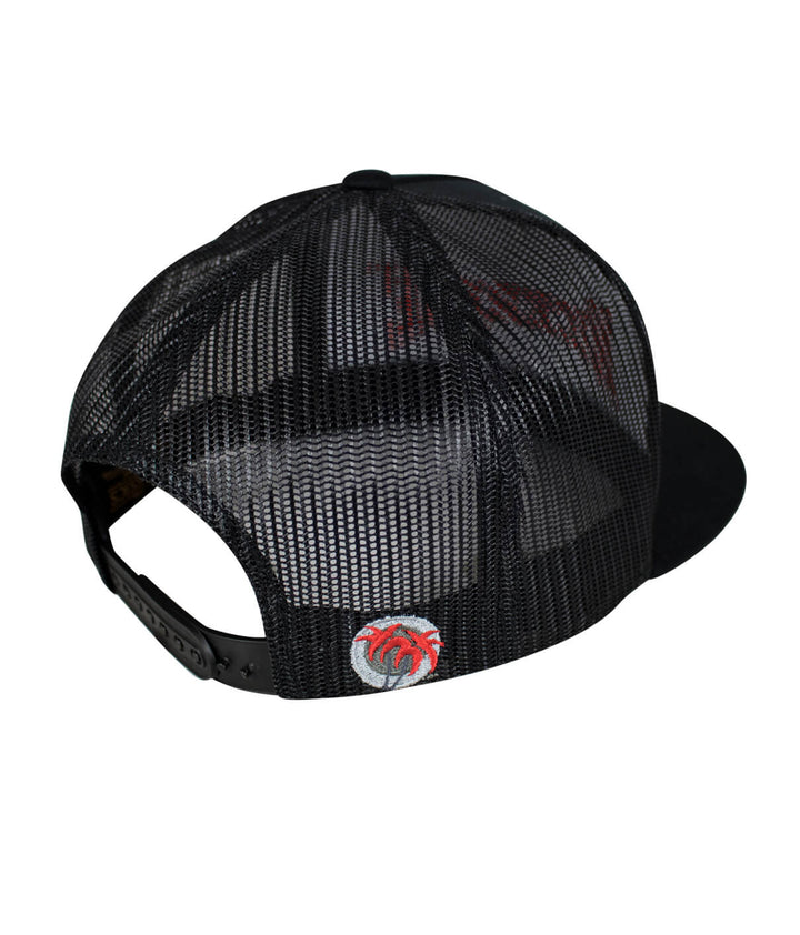 The Punch trucker hat showcasing the back side with embroidered palm logo, a stylish hat for outdoor wear.
