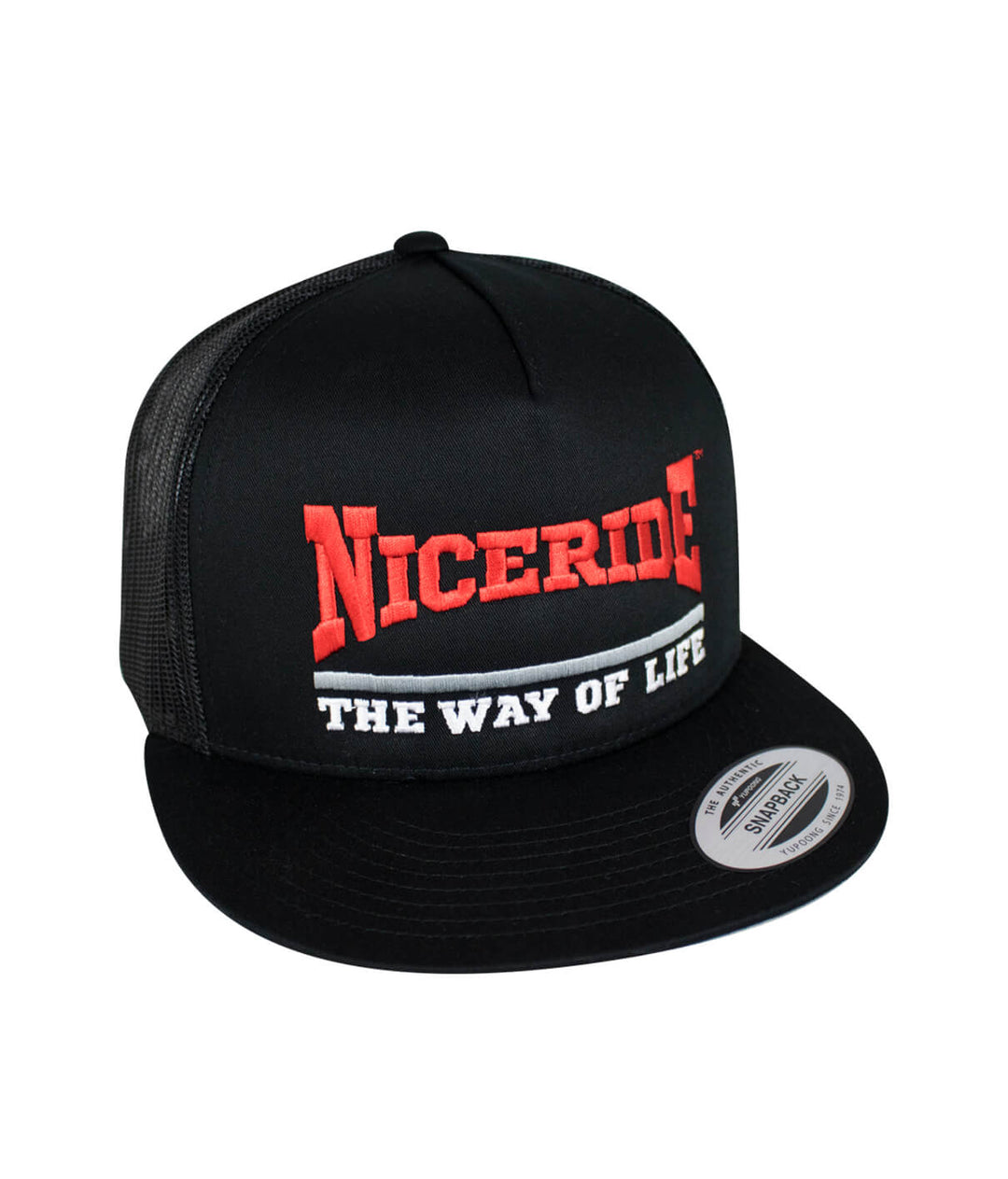 The Punch Trucker Hat featuring NICERIDE design with embroidered text, perfect hat for casual wear.