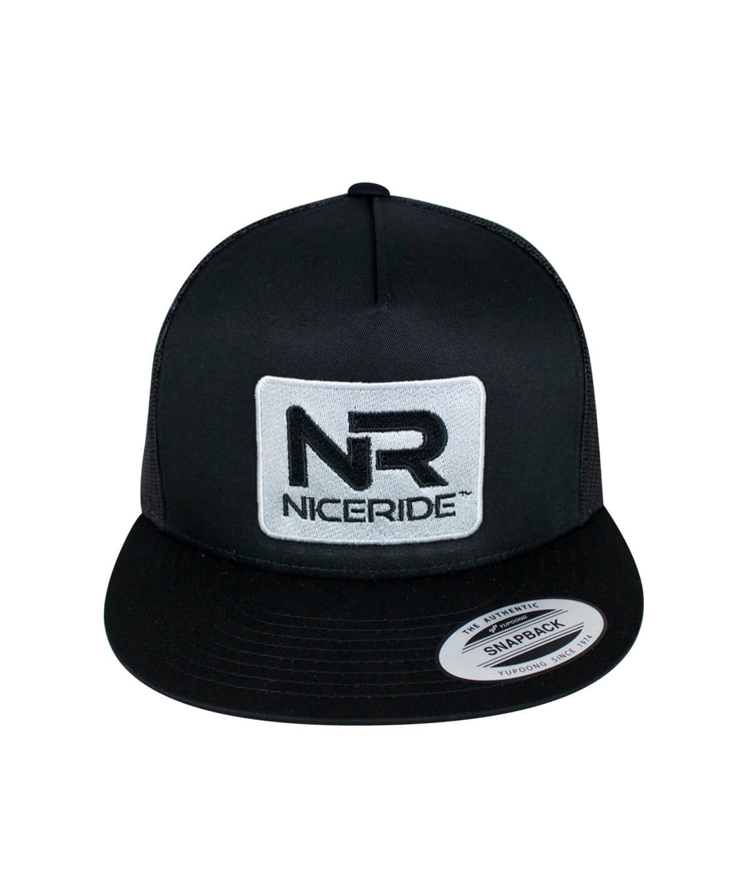 Black NICERIDE snapback hat with embroidered logo on the front. Ideal for casual wear and outdoor activities. Hat.