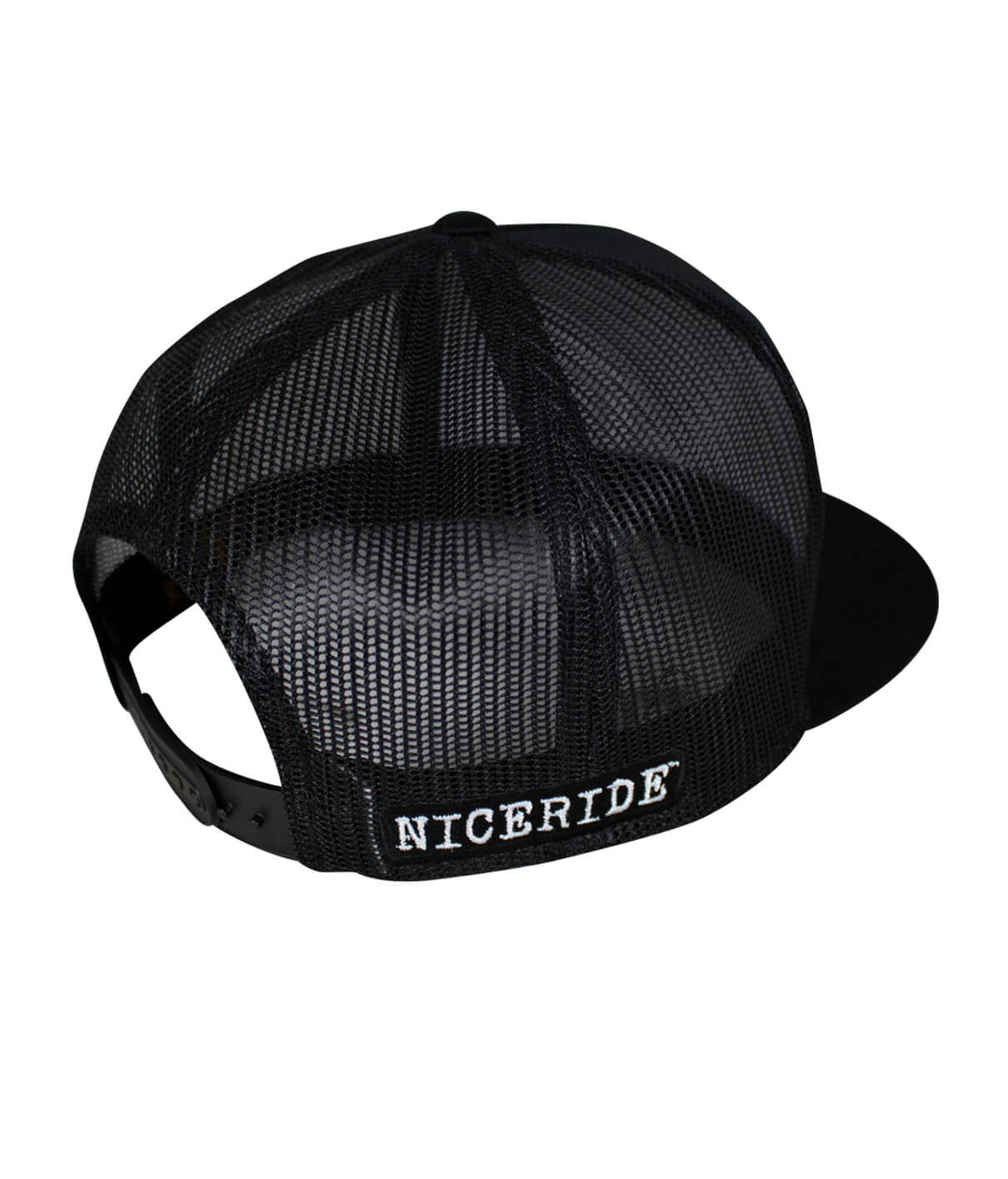 The Spot Trucker Hat back view showcasing NICERIDE logo and classic mesh design of the hat.