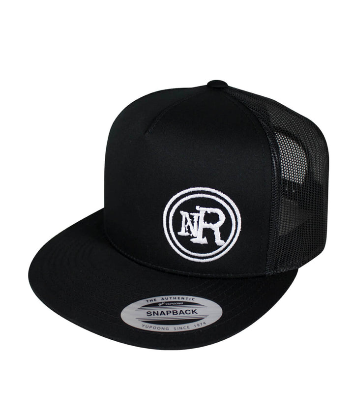 Black snapback trucker hat featuring NICERIDE&