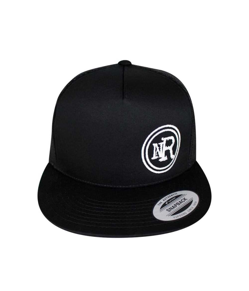 The Spot trucker hat, black snapback cap with NICERIDE logo, stylish baseball hat for everyday wear.