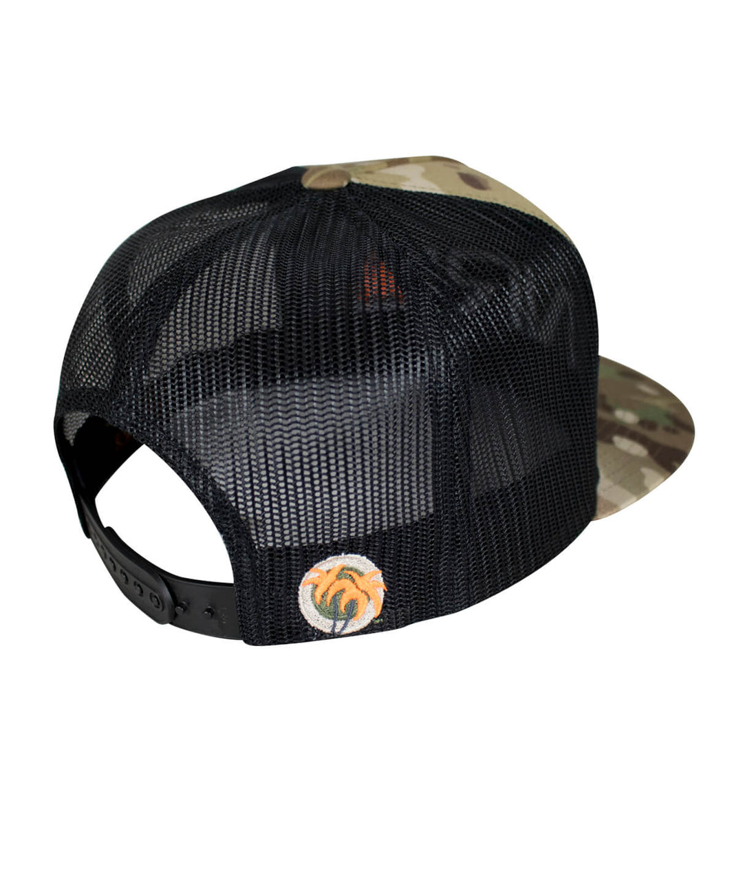 Bulls Eye Trucker Hat showcasing palm logo on back with camo design and black mesh, ideal for casual wear.