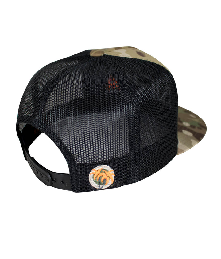 Bulls Eye Trucker Hat showcasing palm logo on back with camo design and black mesh, ideal for casual wear.
