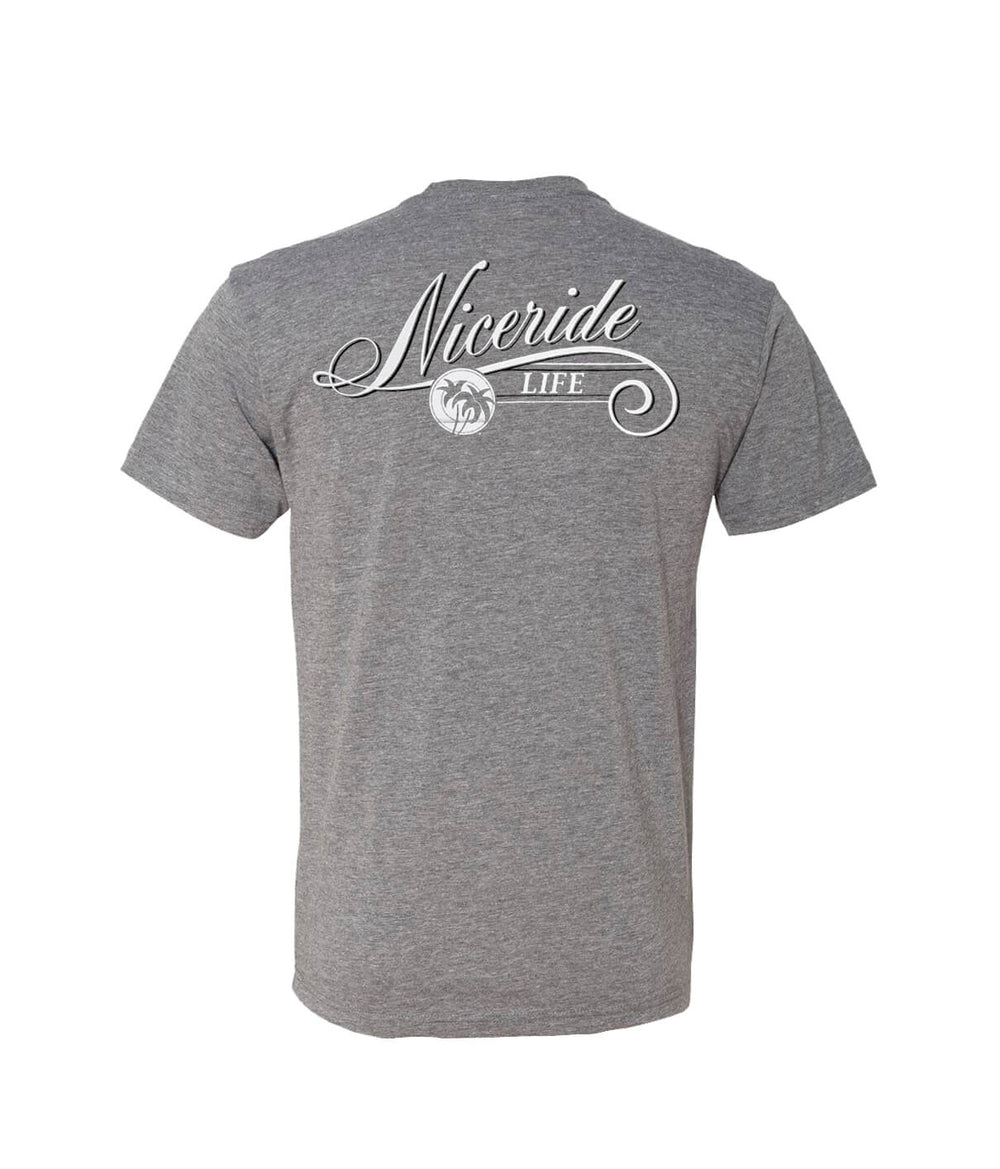 Back view of The Life gray Next Level men's cotton blend short sleeve shirt with NICERIDE design.