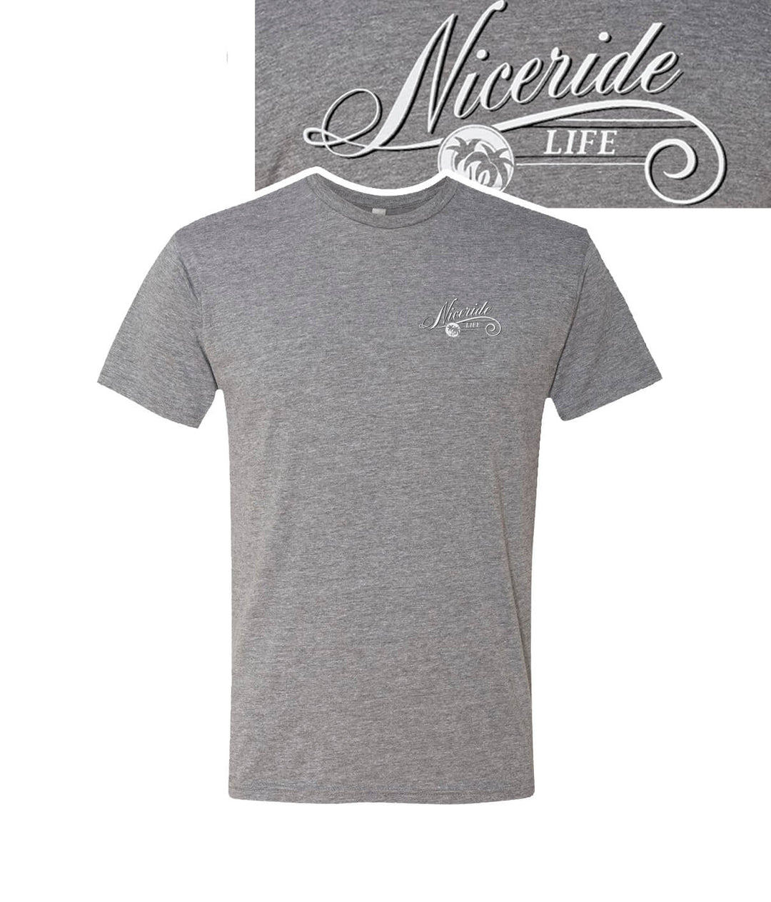 The Life gray shirt featuring NICERIDE logo on left chest, made from a cotton blend, perfect for daily wear.