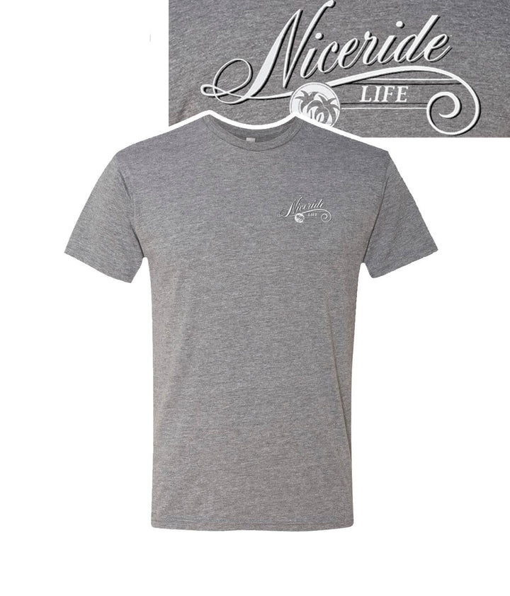 The Life gray shirt featuring NICERIDE logo on left chest, made from a cotton blend, perfect for daily wear.
