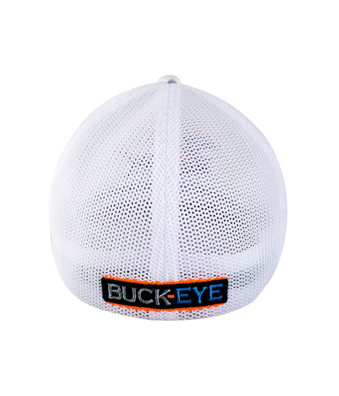 Back view of the Buck-Eye Explorer white camouflage meshback baseball cap with embroidered logo.