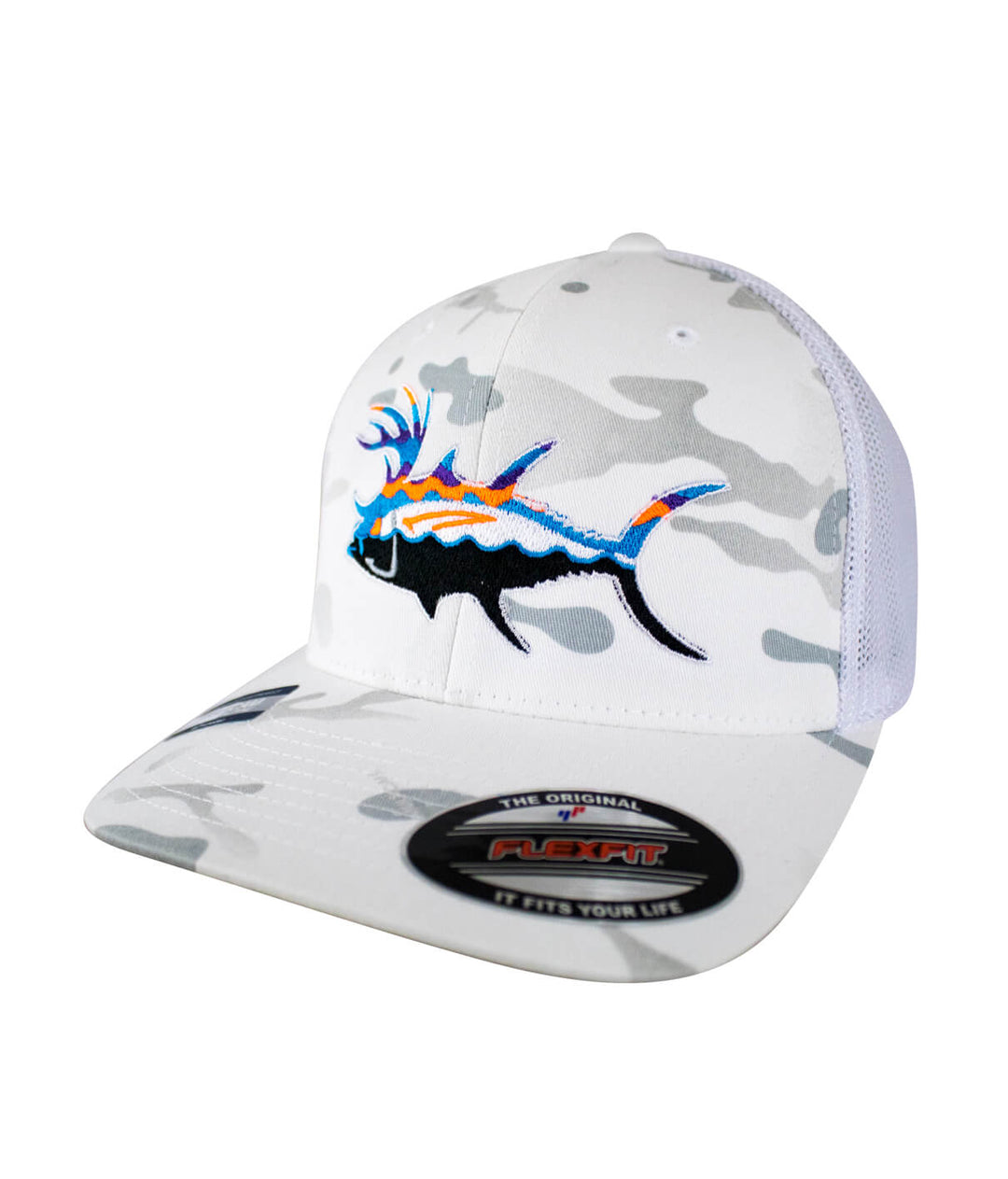 Buck-Eye Explorer unisex baseball cap in white camouflage with fish embroidery and mesh back.