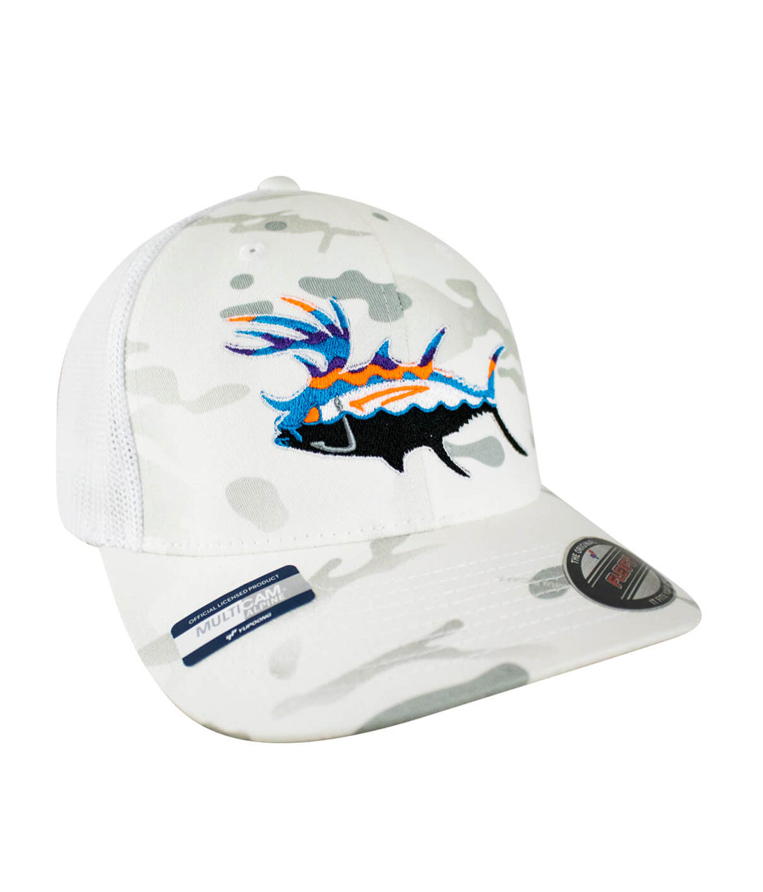 Buck-Eye Explorer meshback Flexfit cap in white camouflage with colorful fish embroidery, perfect for outdoor activities.