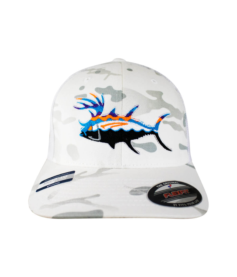 Buck-Eye Explorer white camouflage meshback baseball cap with colorful fish design, ideal for outdoor activities.