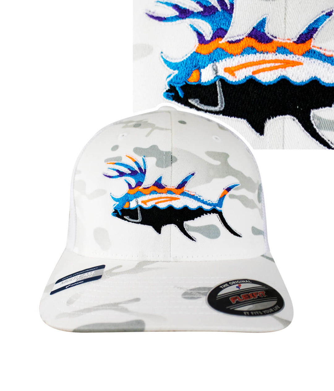 White camouflaged baseball cap featuring embroidered colorful fish design, perfect for fishing and outdoor activities.