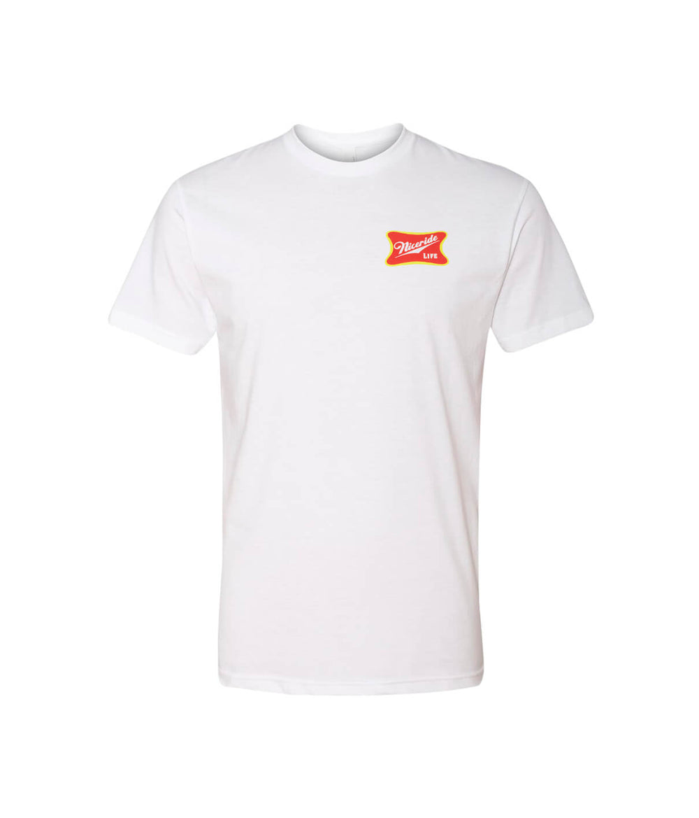 White Next Level Men's quality cotton blend shirt with NICERIDE's Biscuit design on front and back.
