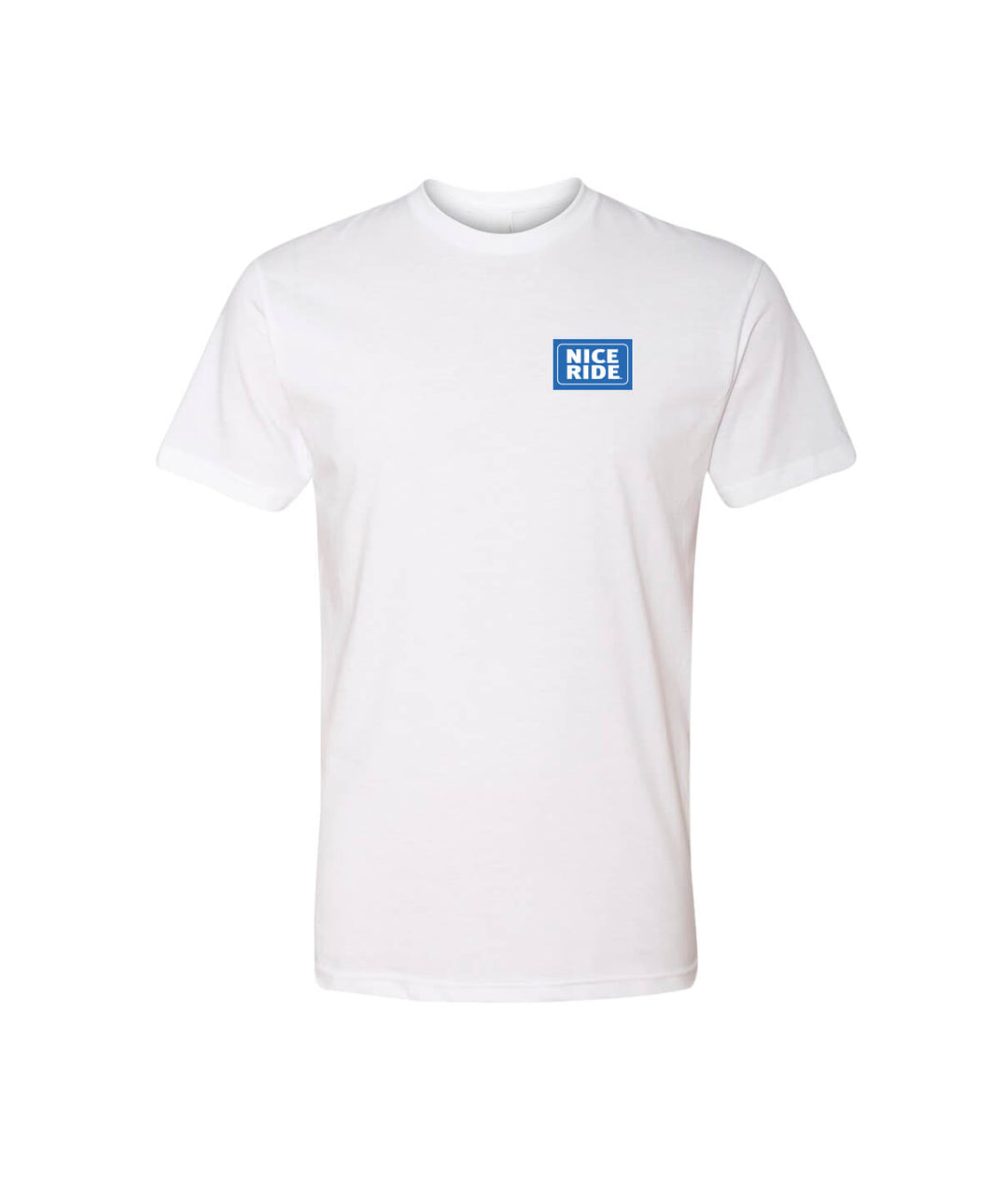 Blue Shield white shirt featuring the NICERIDE design on the front, short sleeves, and premium cotton blend material.