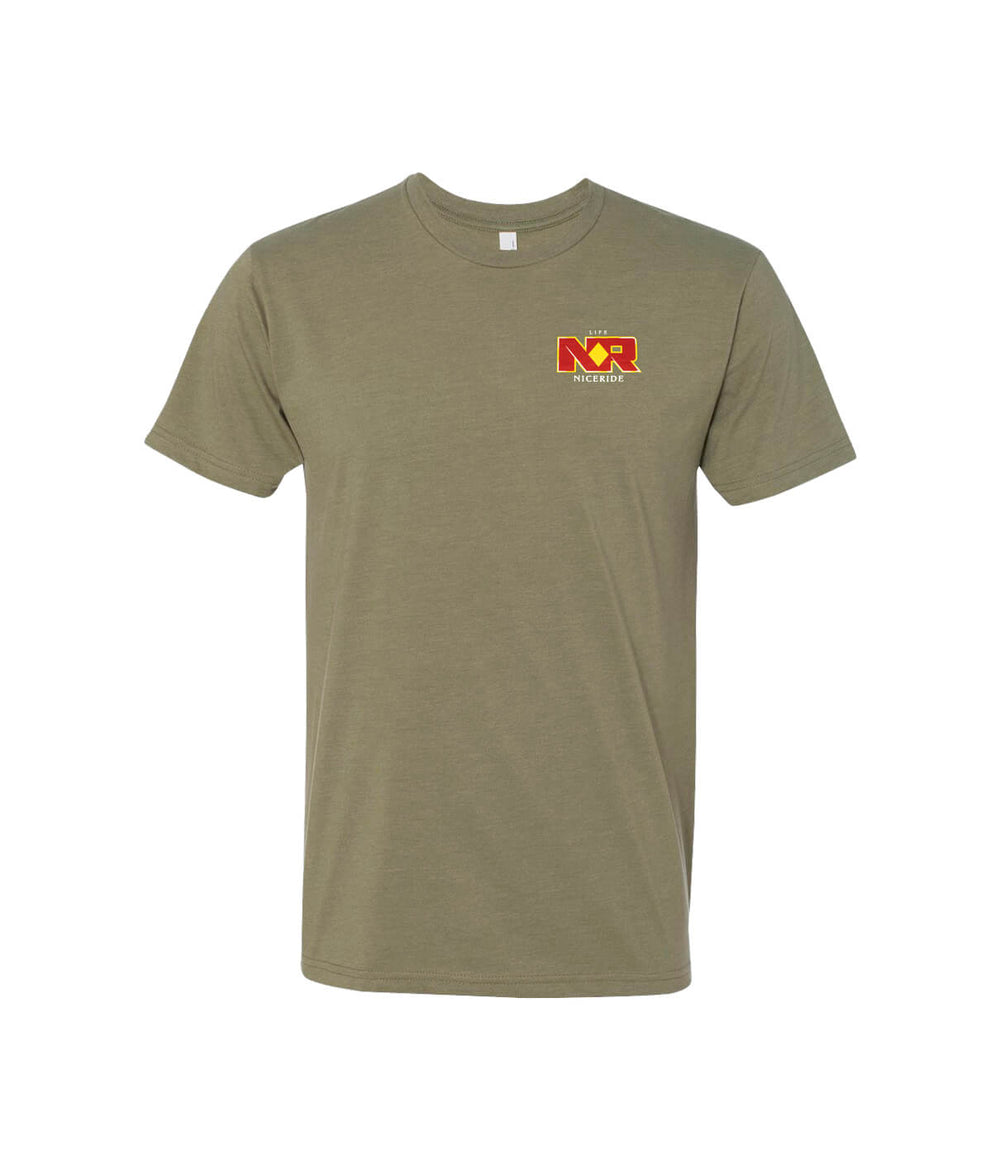 Interesting Green Or Brown Next Level Men's Quality Cotton Blend Short Sleeve T-Shirt featuring NICERIDE logo.