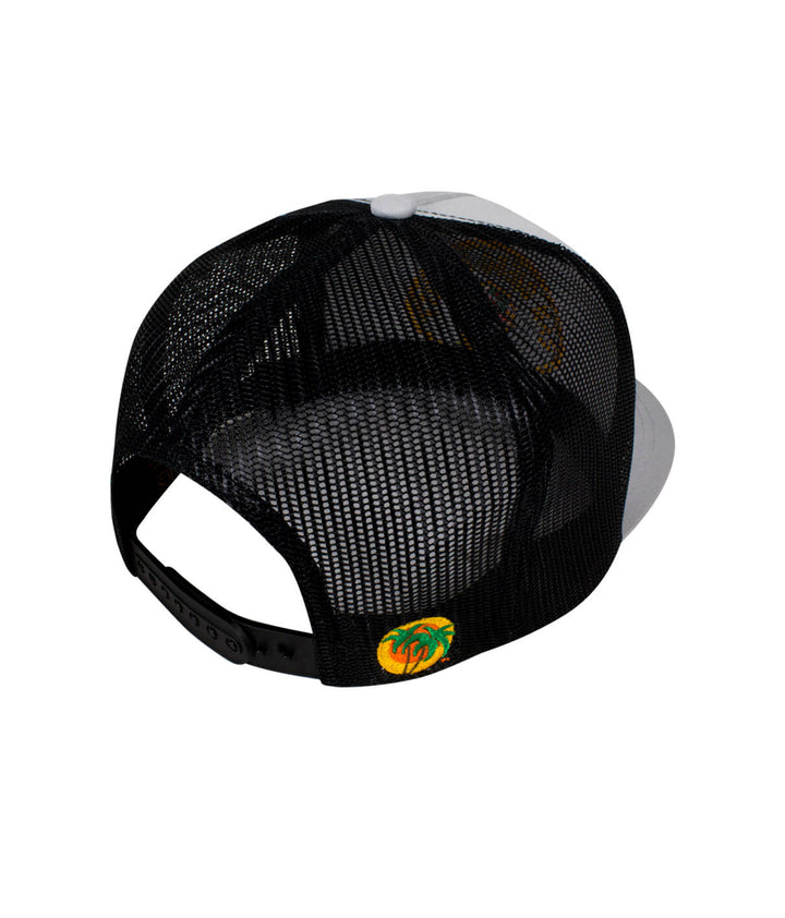Back view of The Badge trucker hat with mesh design and classic palm logo detail.