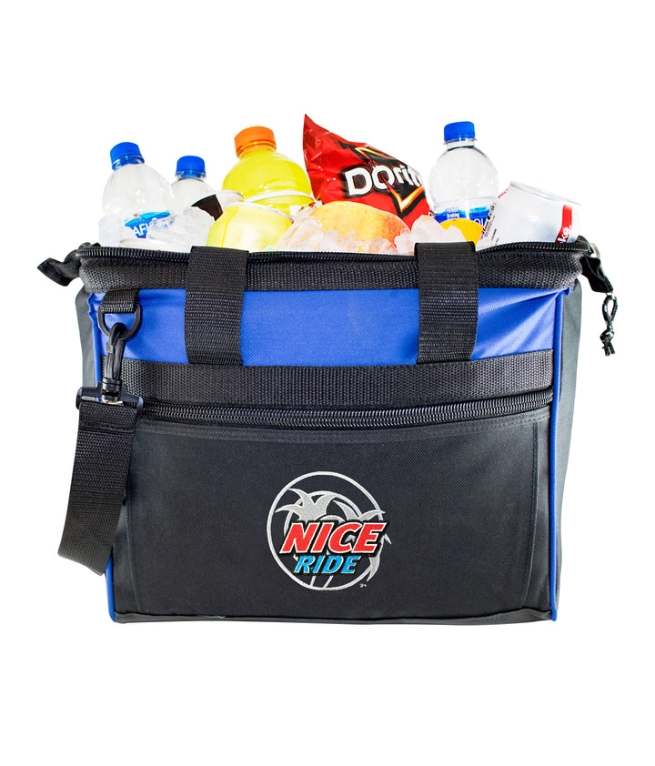 Choo Choo Big Mouth Cooler filled with drinks and snacks, featuring an embroidered logo and zippered pocket.