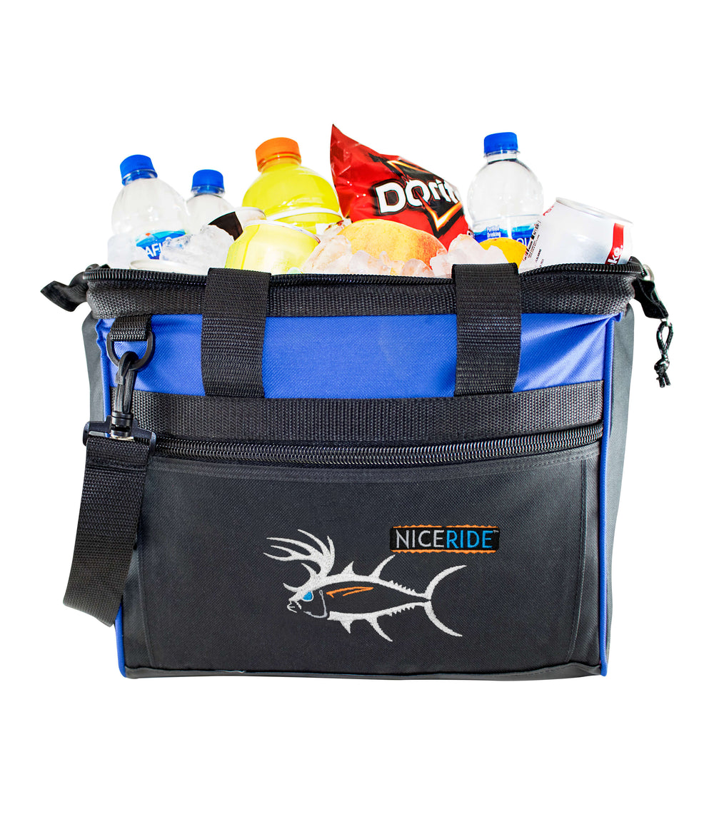 Buck-Eye big mouth cooler with beverages and snacks inside, featuring embroidered logo and detachable strap.