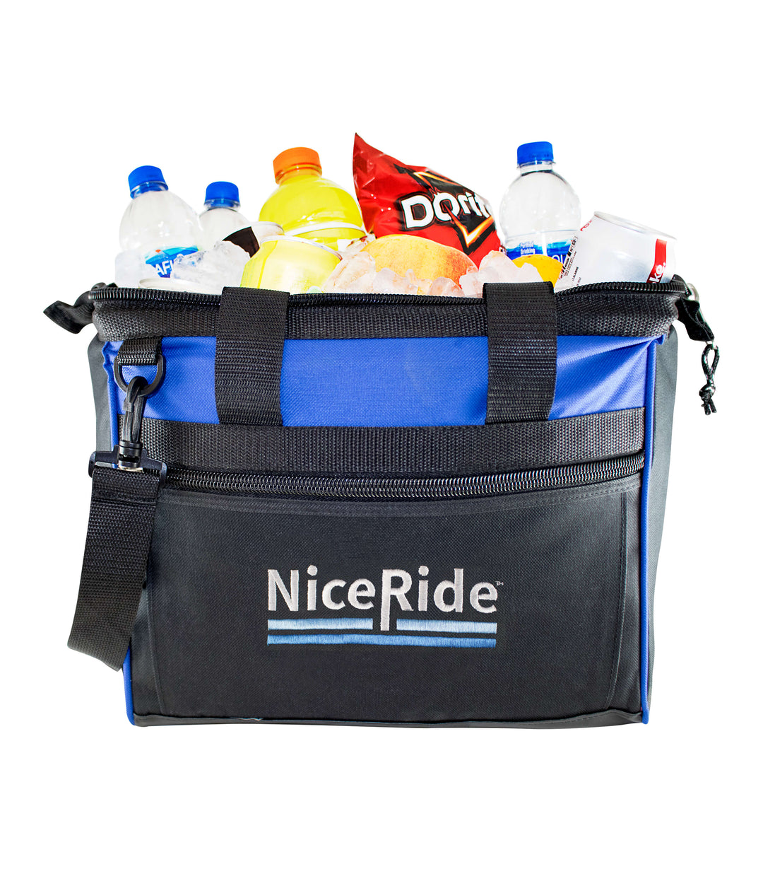 Big mouth cooler filled with drinks and snacks, featuring the "NiceRide" logo on the front, perfect for beach and park outings.