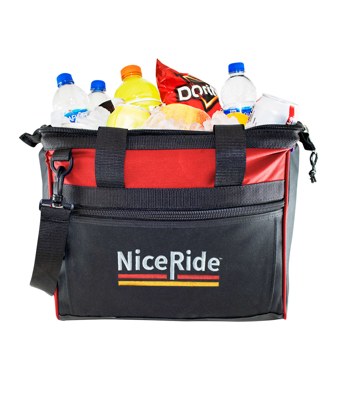 Low Tide Big Mouth Cooler filled with snacks and drinks, featuring a front zippered pocket and detachable strap.