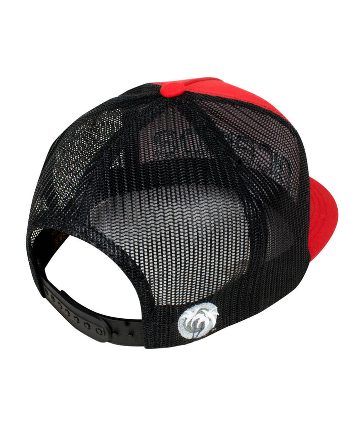 Back view of the Bold Tower Trucker Hat showcasing mesh design and blacked out palm logo, perfect for stylish headwear.