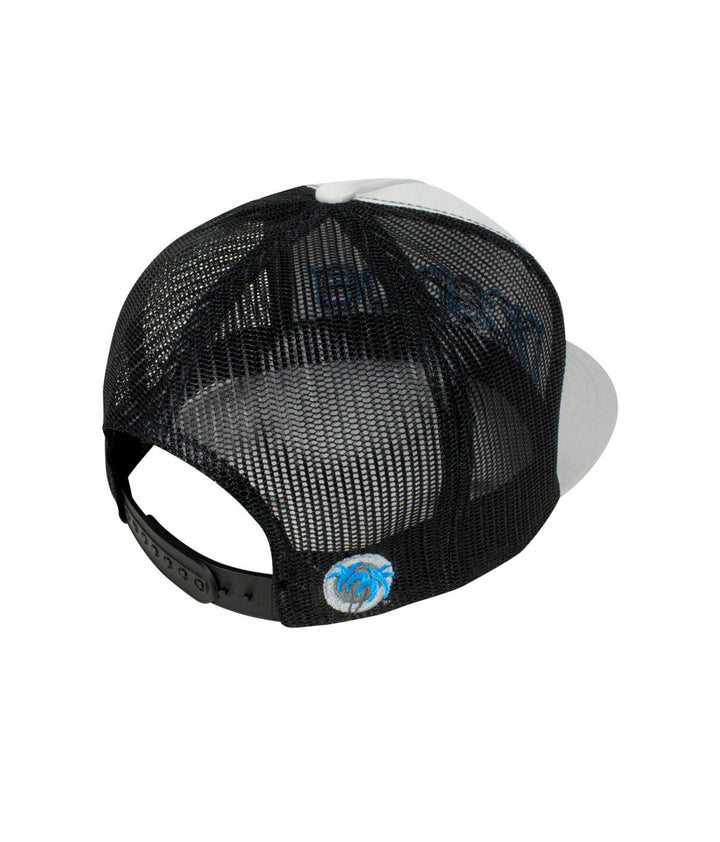 Back view of the Bold Tower trucker hat showcasing black mesh and palm logo, ideal hat for outdoor activities.