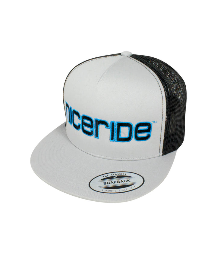 Bold Tower trucker hat featuring NICERIDE logo, a stylish snapback hat for casual wear.