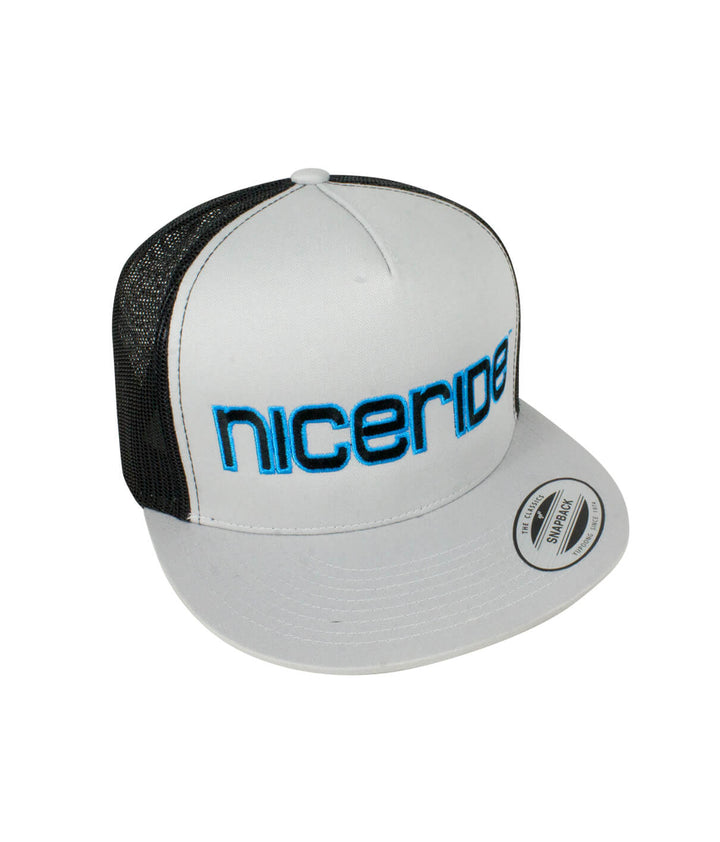 NICERIDE trucker hat in white and black with embroidered logo, perfect for casual wear and outdoor activities.