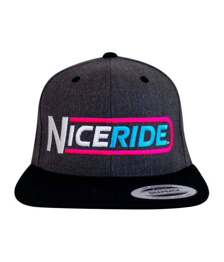 NICERIDE The Tube flatbill snapback hat with bold logo embroidery on gray fabric and black brim
