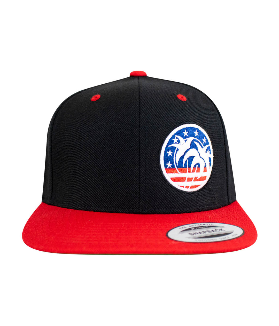 NICERIDE Spirit of 76 flatbill snapback hat with black body and red visor, featuring patriotic design.