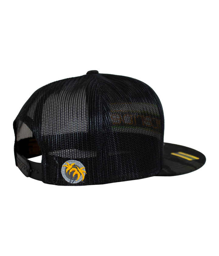 Back view of the "Cali Life" trucker hat showing mesh design and embroidered palm tree logo.