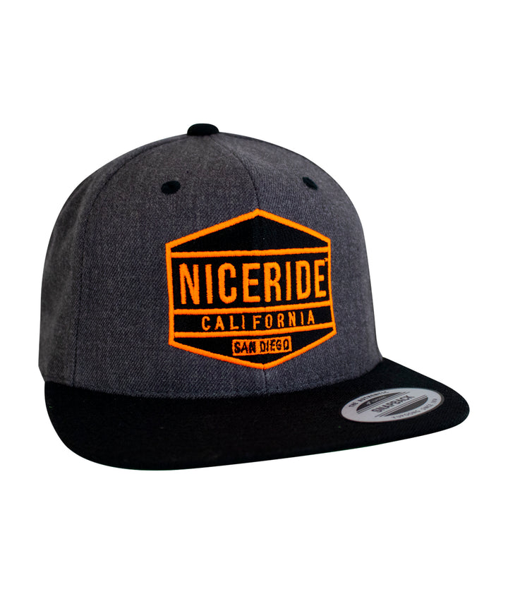 Gray NICERIDE hat with neon orange California logo on the front and black brim.