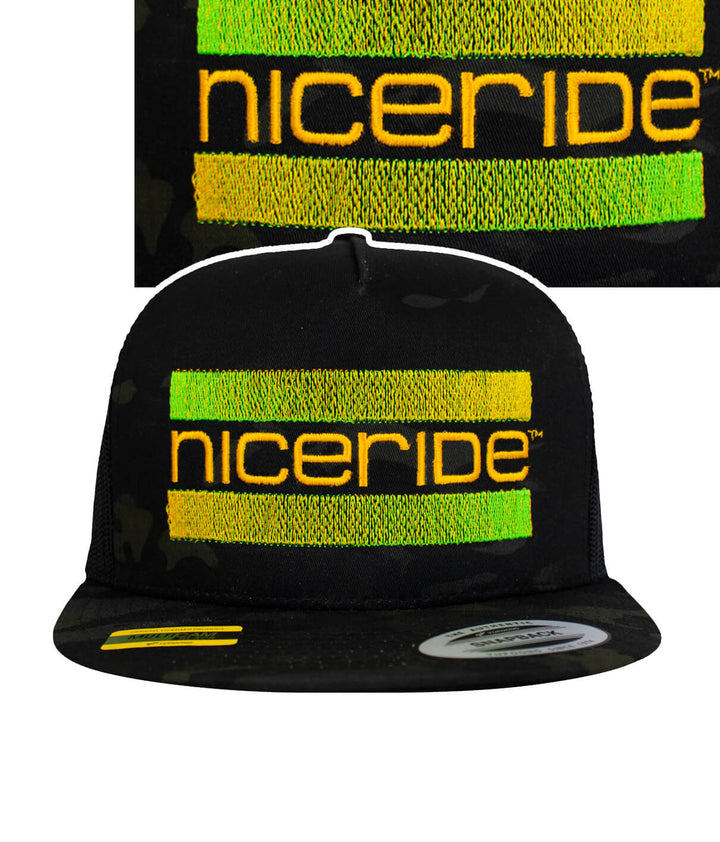 Cali Life trucker hat by NICERIDE, featuring gold and monster green embroidery, perfect stylish hat for outdoor adventures.