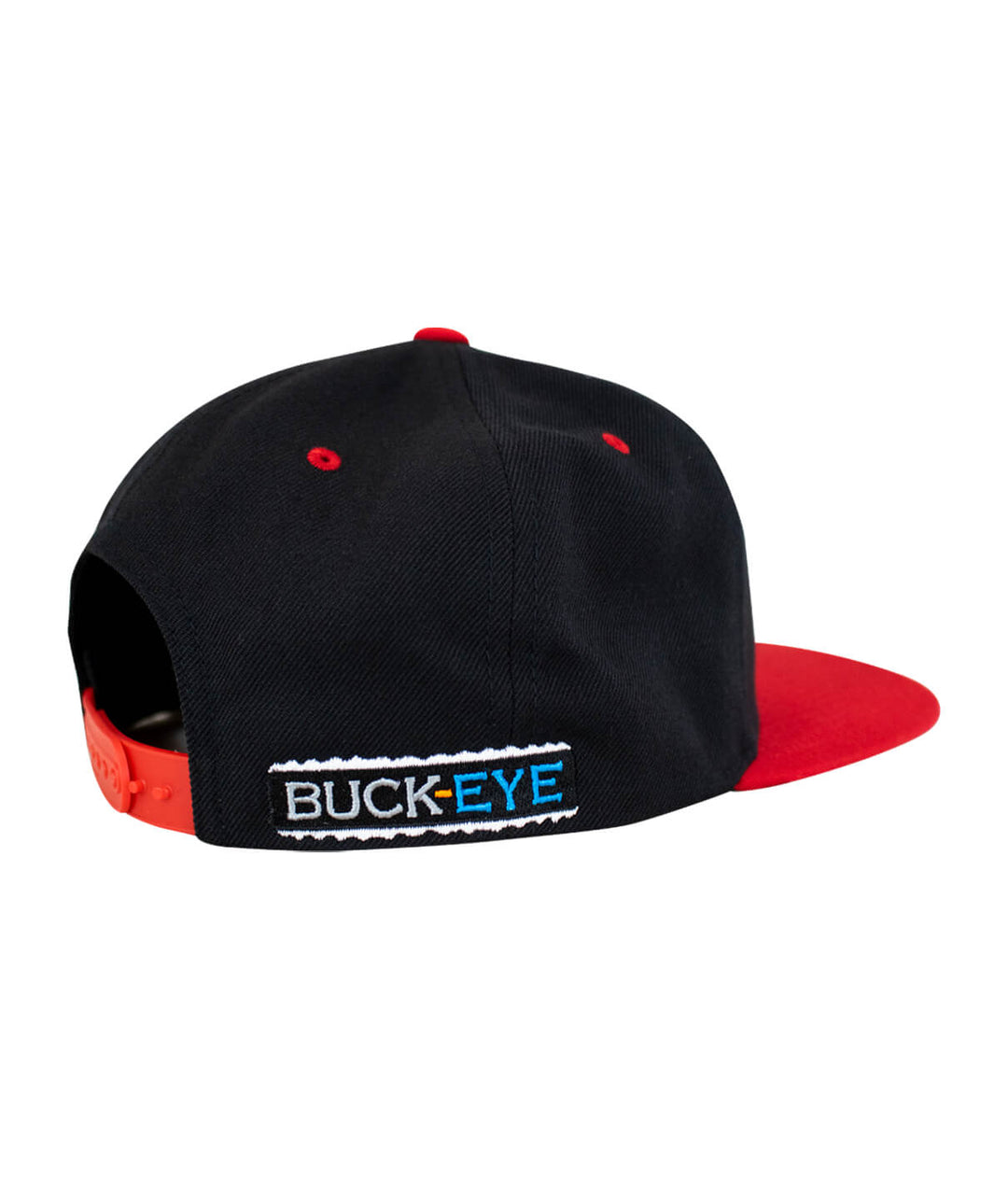 Buck-Eye Evening Glow unisex flatbill snapback hat with red bill and embroidered logo, perfect for outdoor activities.
