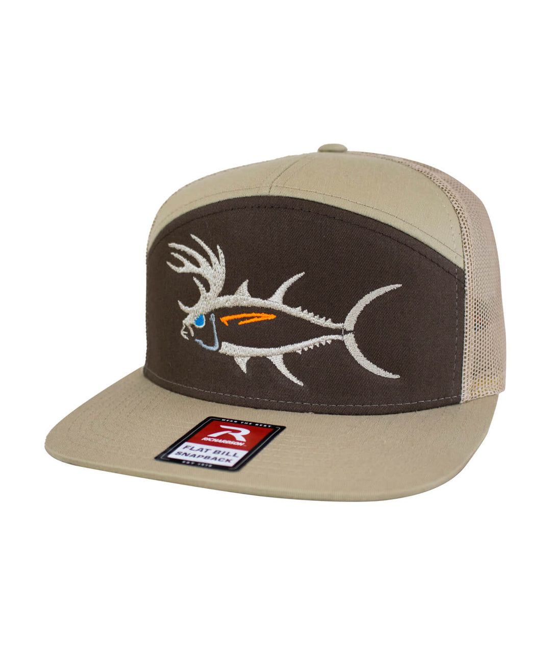 BUCK- EYE hat featuring embroidered fish design on the front and mesh back, perfect for outdoor enthusiasts.