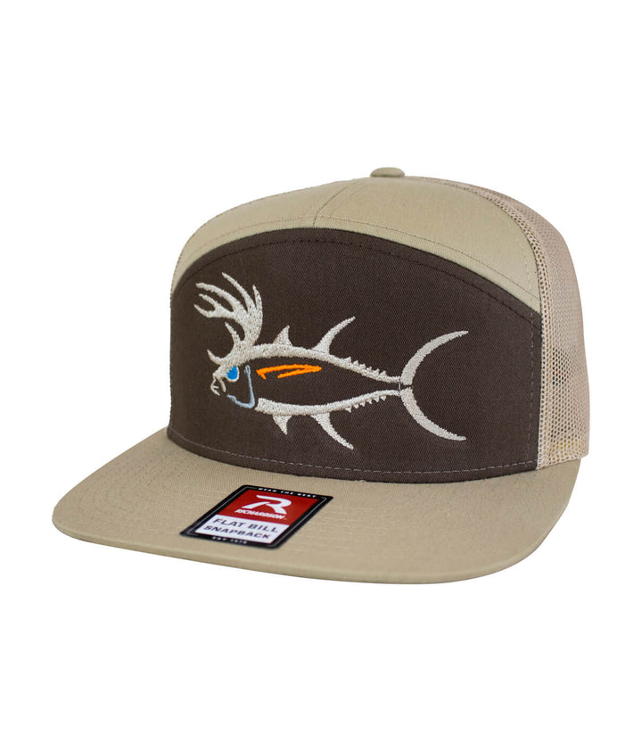 BUCK- EYE hat featuring embroidered fish design on the front and mesh back, perfect for outdoor enthusiasts.