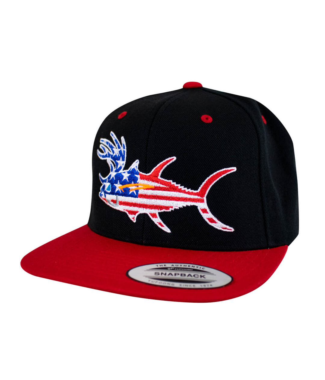 Buck-Eye Glory Unisex Flatbill Snapback Hat with embroidered patriotic fish design, ideal fishing hat for summer activities.