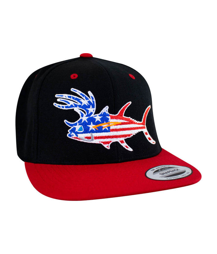 Buck-Eye Glory unisex flatbill snapback hat with an embroidered fish design, perfect fishing hat for men and women.