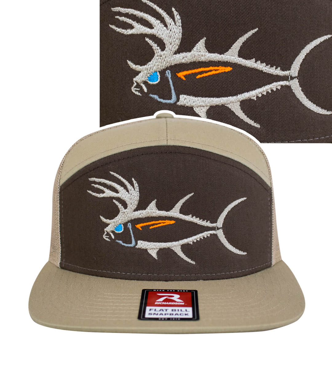 BUCK- EYE hat featuring unique fish design, flat bill, and Richardson logo, perfect for outdoor adventures.