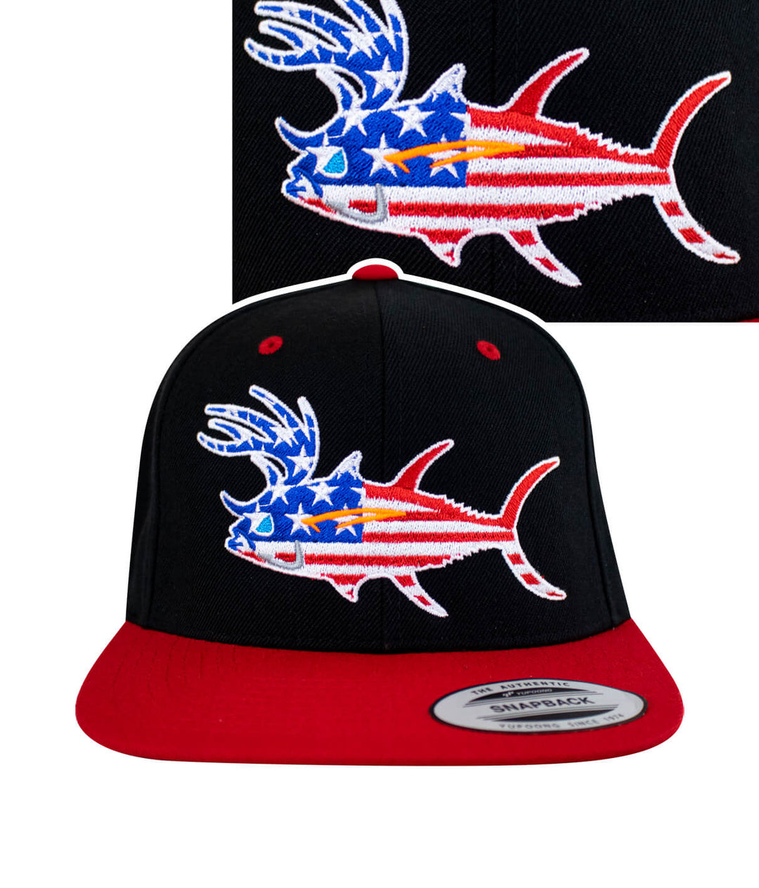 "Buck-Eye Glory" hat featuring an embroidered fish design with American flag colors on a flatbill snapback.