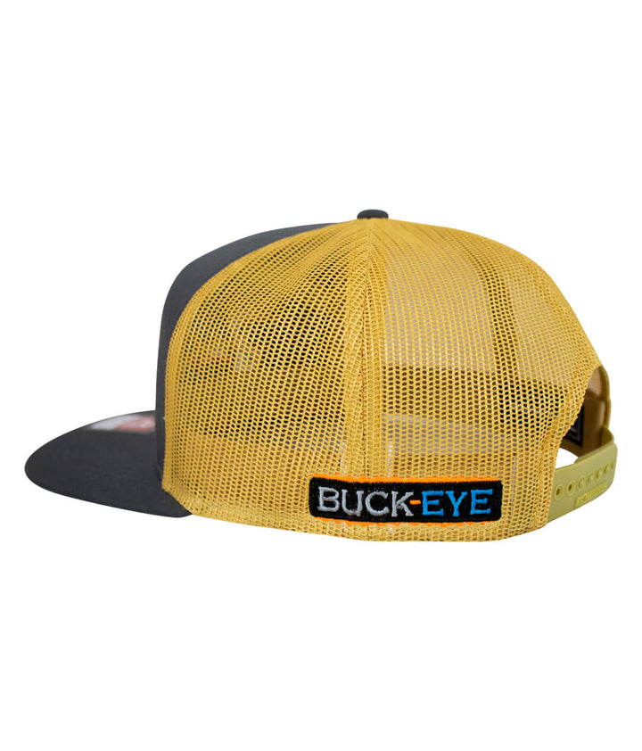 BUCK-EYE Explorer 7 Panel Trucker Hat for men and women, featuring embroidered design and mesh back.