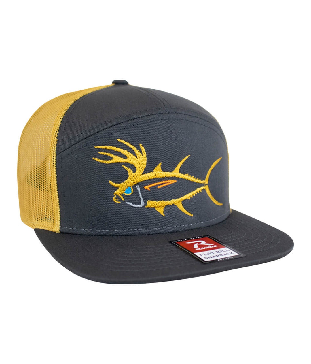 BUCK- EYE Explorer 7 Panel Trucker Hat For Men And Women with embroidered fish design.