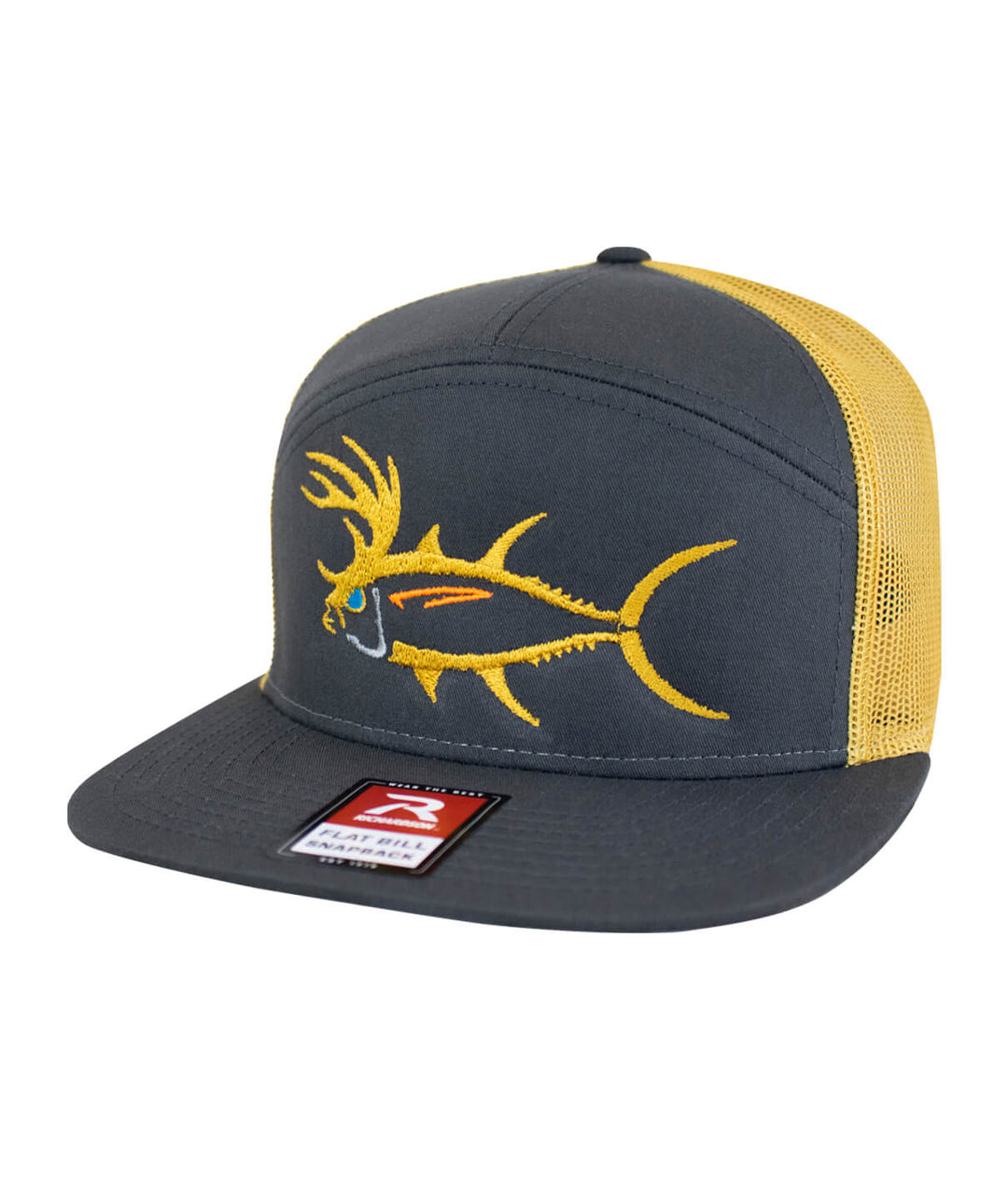 BUCK- EYE Explorer 7 Panel Trucker Hat for Men and Women with embroidered fish design.