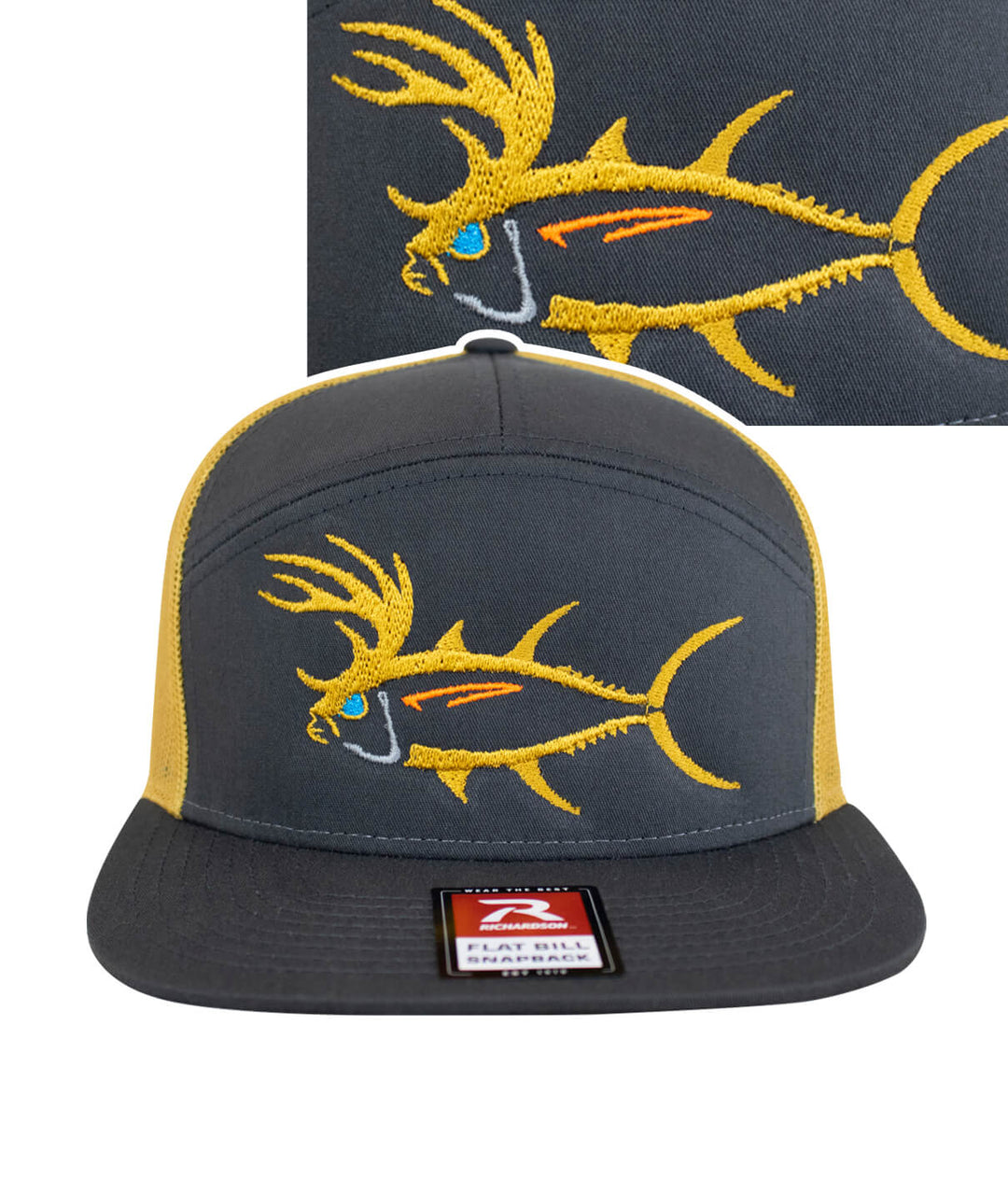 BUCK- EYE Explorer 7 Panel Trucker Hat for Men and Women with fish embroidery design on the front.