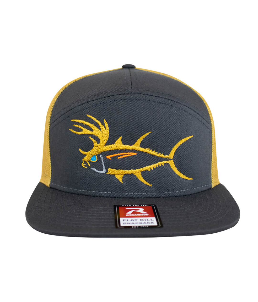BUCK- EYE hat with a fish design on the flat bill, featuring gray fabric and yellow mesh sides.