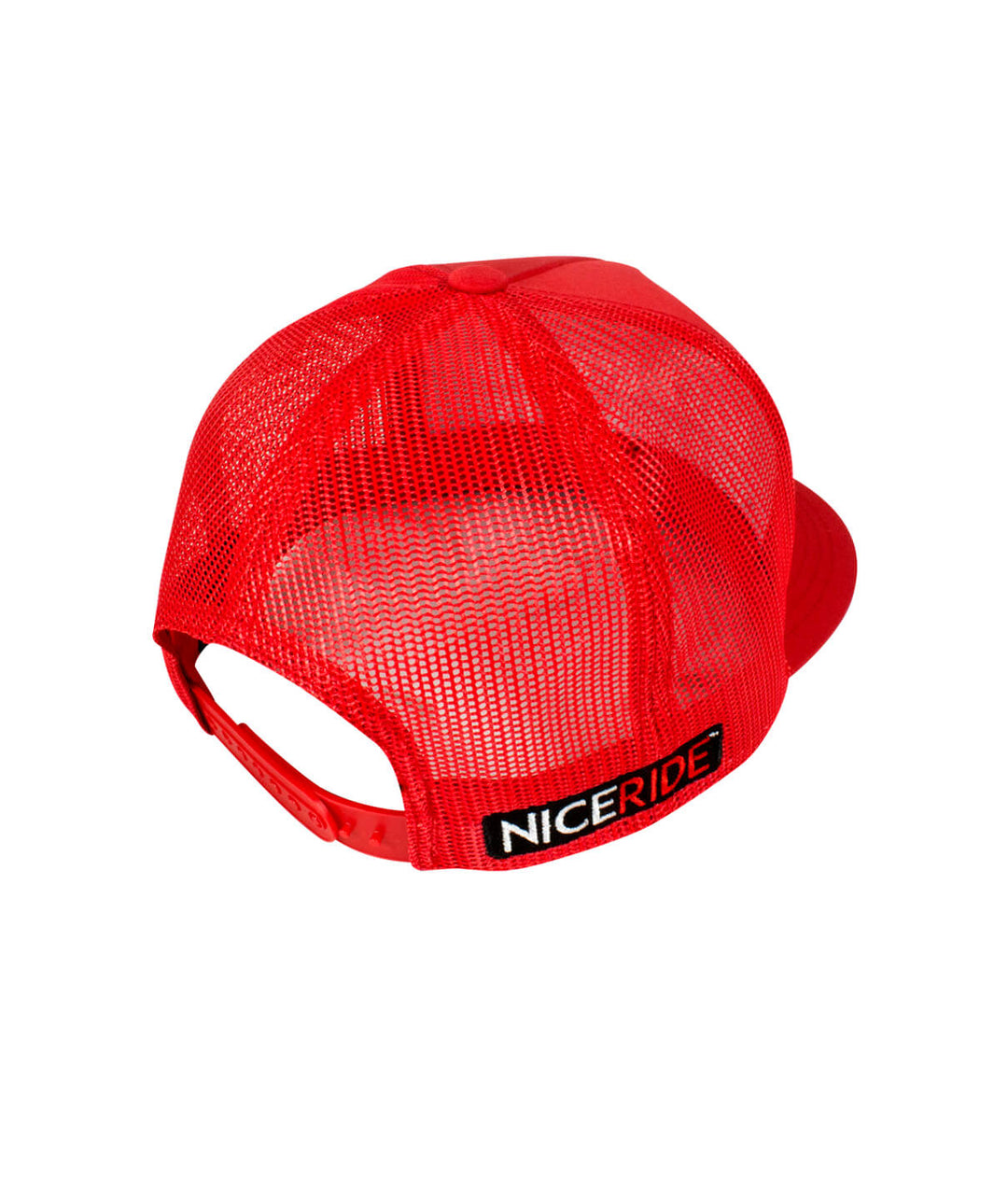 Back view of a red trucker hat featuring NICERIDE logo, ideal for outdoor wear and casual style.
