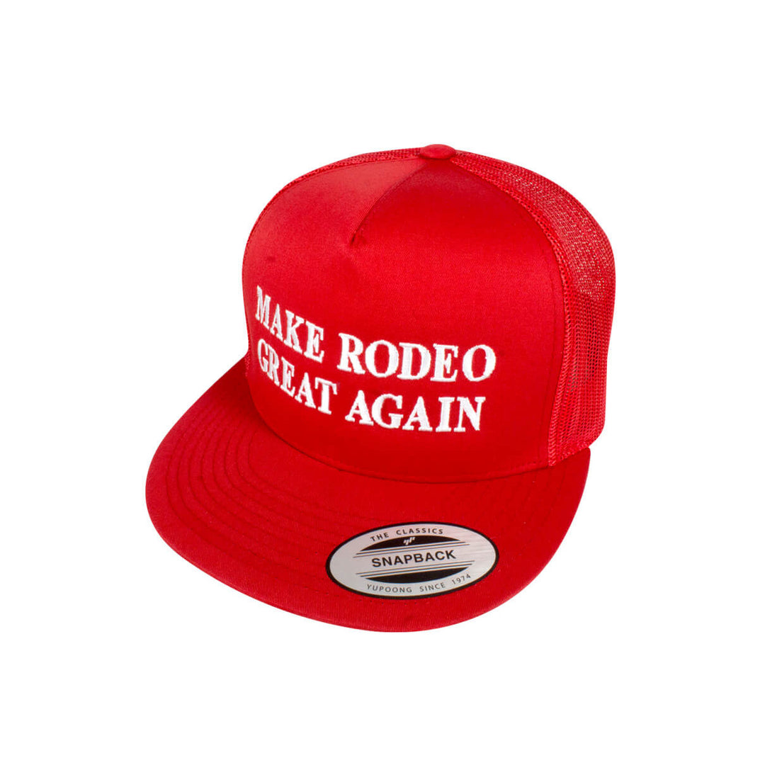 Make Rodeo Great Again trucker hat featuring classic meshback design and snapback closure.
