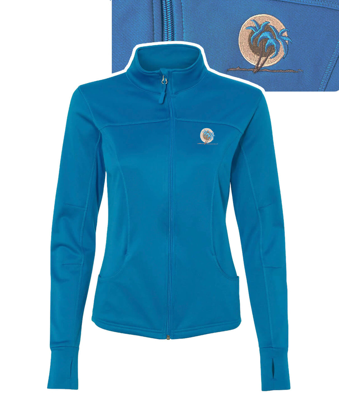 The Fit women's active wear jacket in royal blue with embroidered NICERIDE logos on chest and hip.